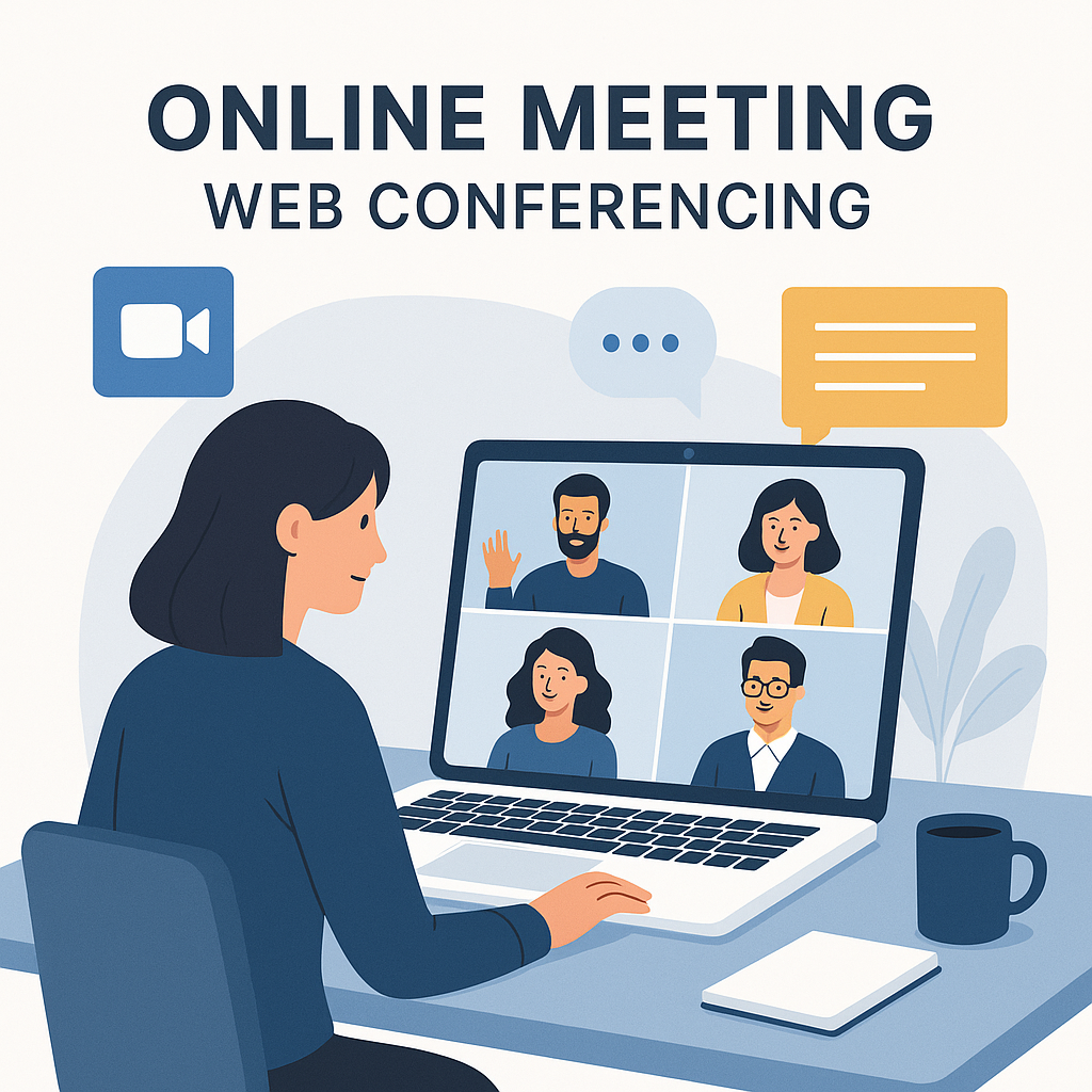Modern professionals collaborating virtually in an advanced online meeting web conferencing environment.