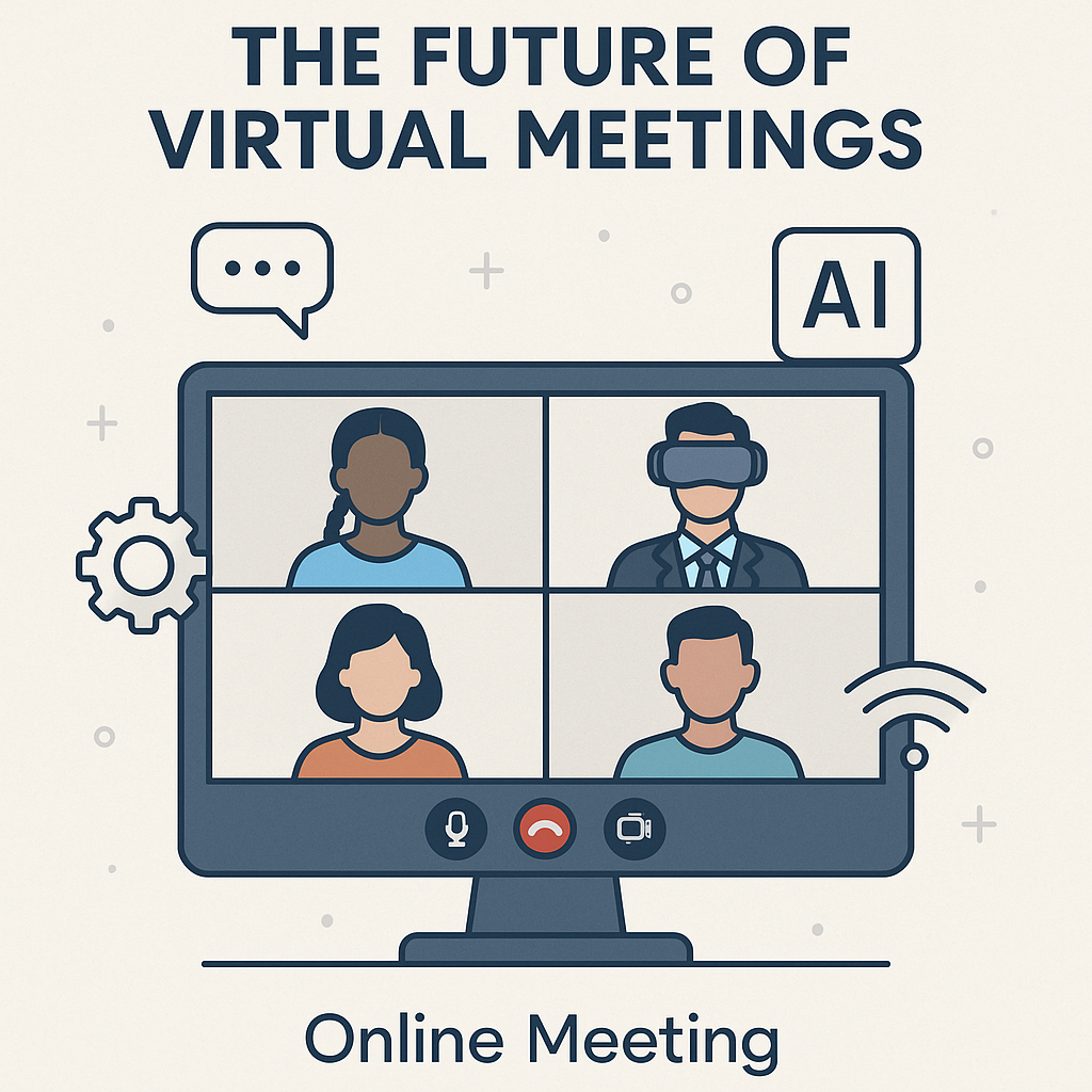 Illustration of future online meeting web conferencing integrating AI, VR, and cross-platform tools.