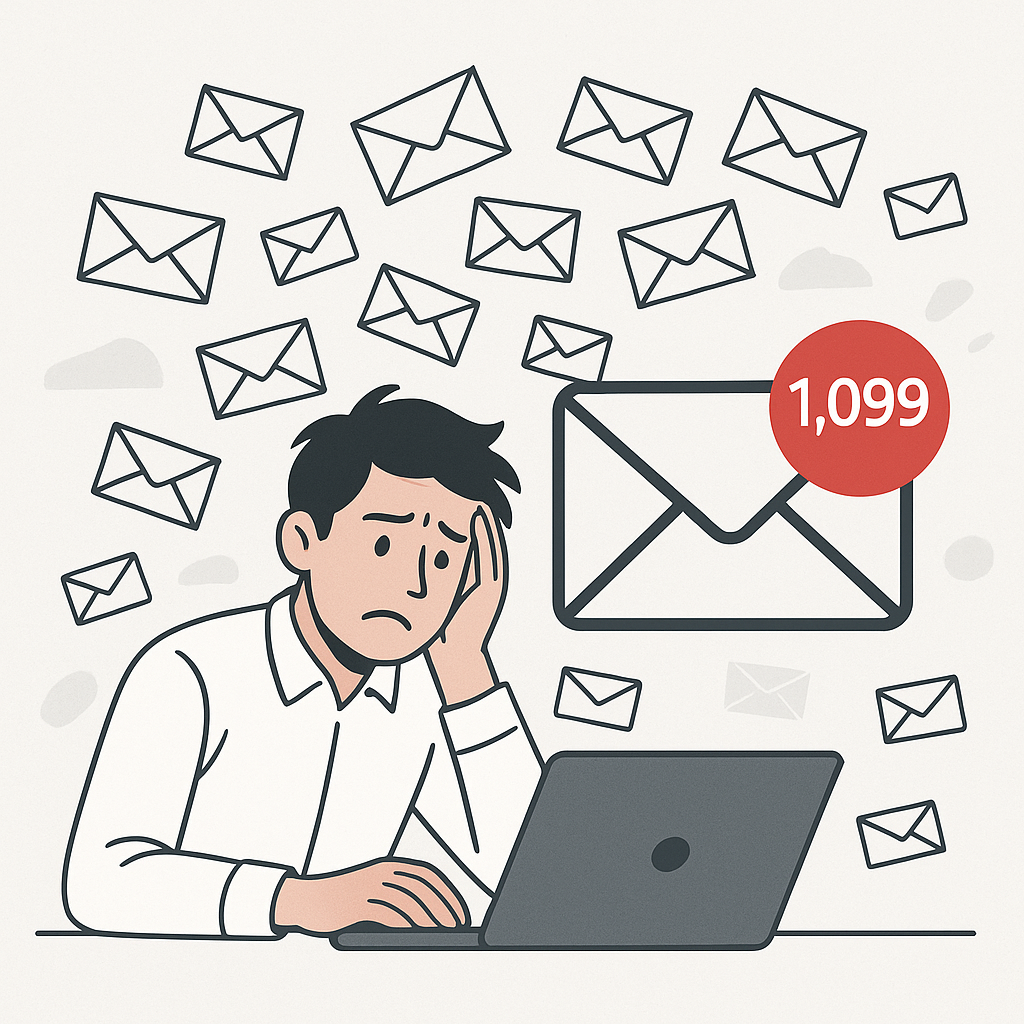 A person looking overwhelmed and stressed, symbolizing the common struggle with email overload and inbox management.