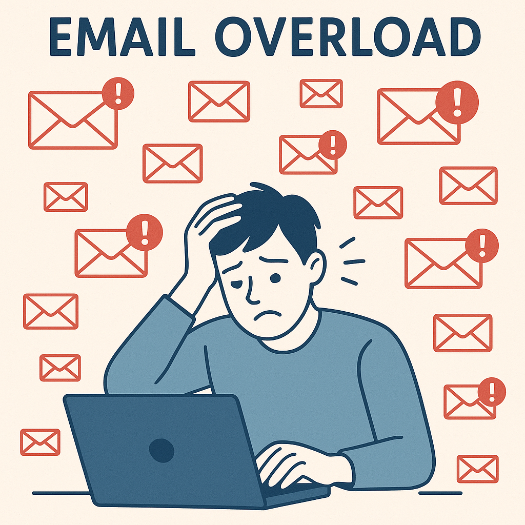Informative illustration depicting the common problem of email overload, with messages piling up.